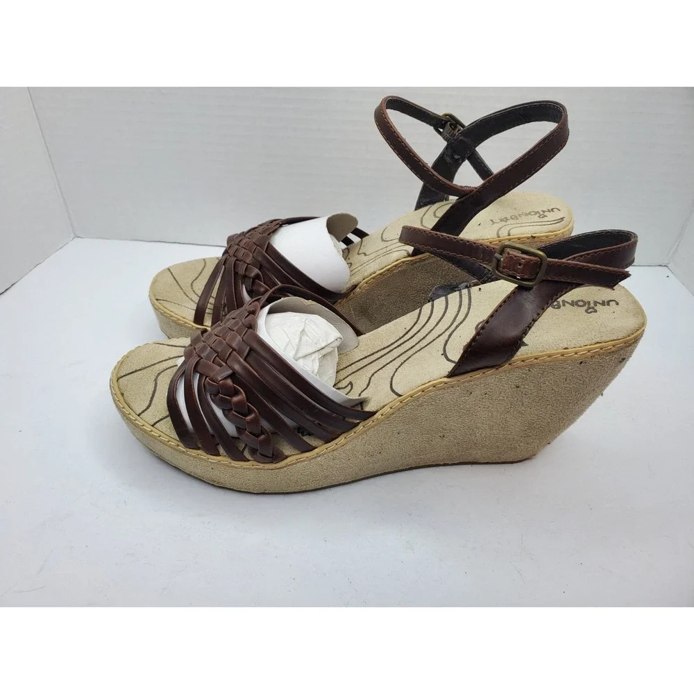 Union Bay Sandals Women 8.5 Brown Strappy Casual Wedge Heels Fast Shipping
